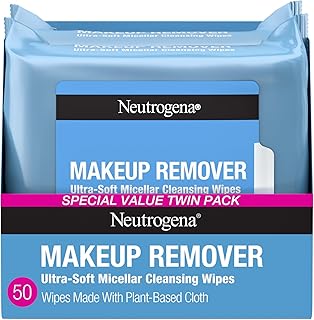 Neutrogena Makeup Remover Micellar Wipes for Face Daily Gently Removes Oil Dirt and Waterproof Makeup in a Simple Fully Plant-Based Cloth, 2 pack of 25 ct