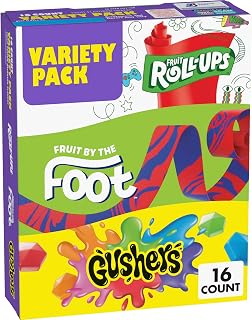 Fruit Roll-Ups, Fruit by the Foot and Gushers Fruit Flavored Snacks Variety Pack, Gluten Free, 16 Pouches, 10.2 oz