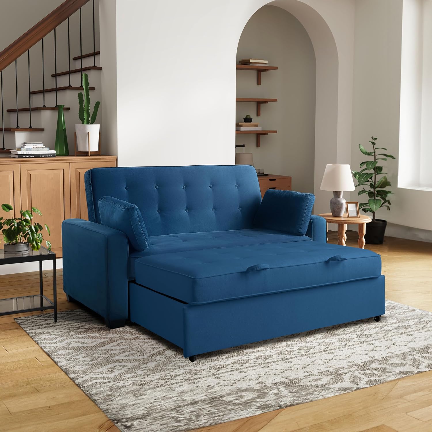 Serta Ainsley 72.6" Convertible Sleeper Sofa, Queen Size, Dreamcoil Comfort, Soft Velvet Fabric, Navy