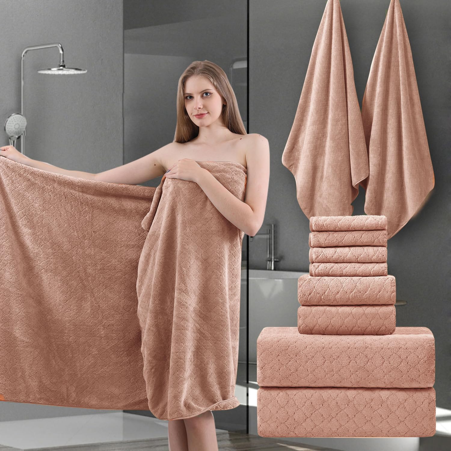 8-Piece Bath Towels Set,2 Oversized Large Bath Towel Sheet,2 Hand Towels and 4 Washcloths - 600 GSM Soft Microfiber Highly Absorbent Quick Dry Shower Towel Collection for Bathroom Hotel and Spa,Orange