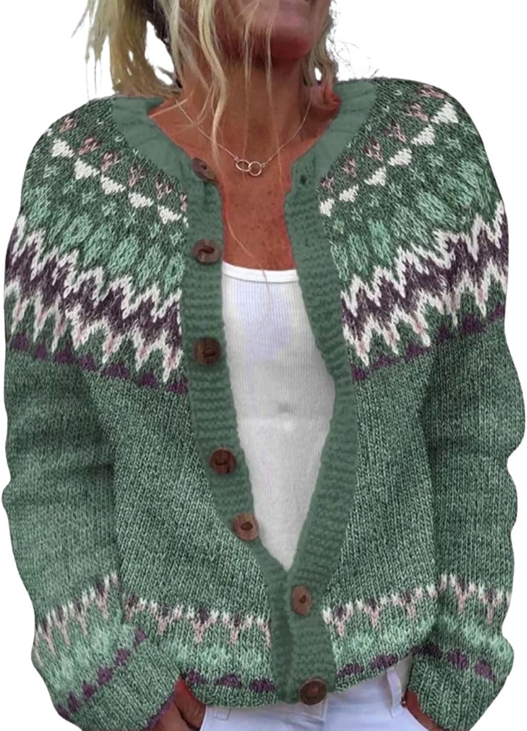 Chunky Sweaters for Women Fair Isle Print Cardigan Long Sleeve Crew Neck Button Down Loose Fit Knitted Sweater Tops