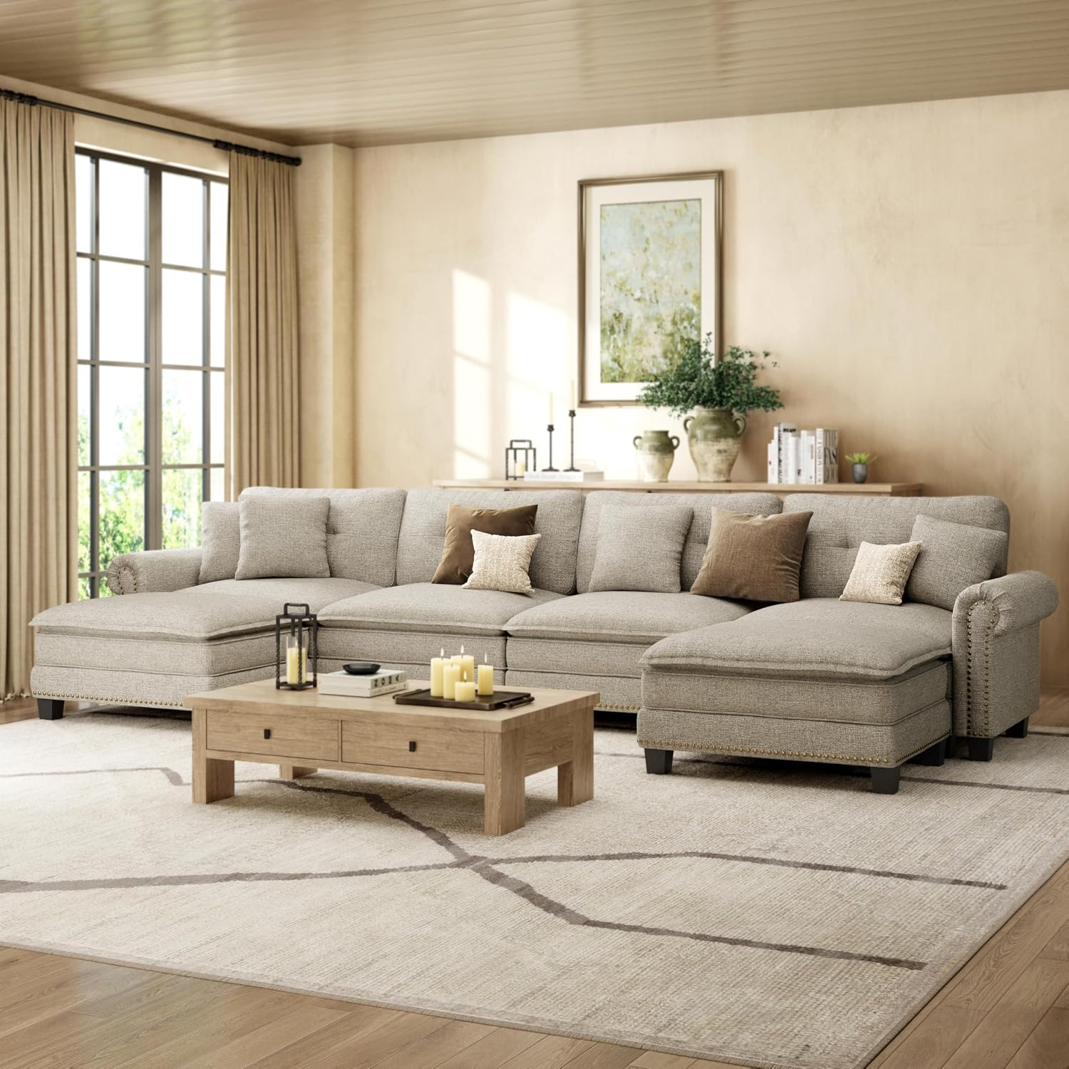 HERA'S HOUSE 150" Oversized Mid-Century Modern Couch, Classic U Shaped Pet Friendly Couch for Living Room, Comfy Cloud Sofa with Ottoman, 6-Seater Deep Seat, Linen Light Grey