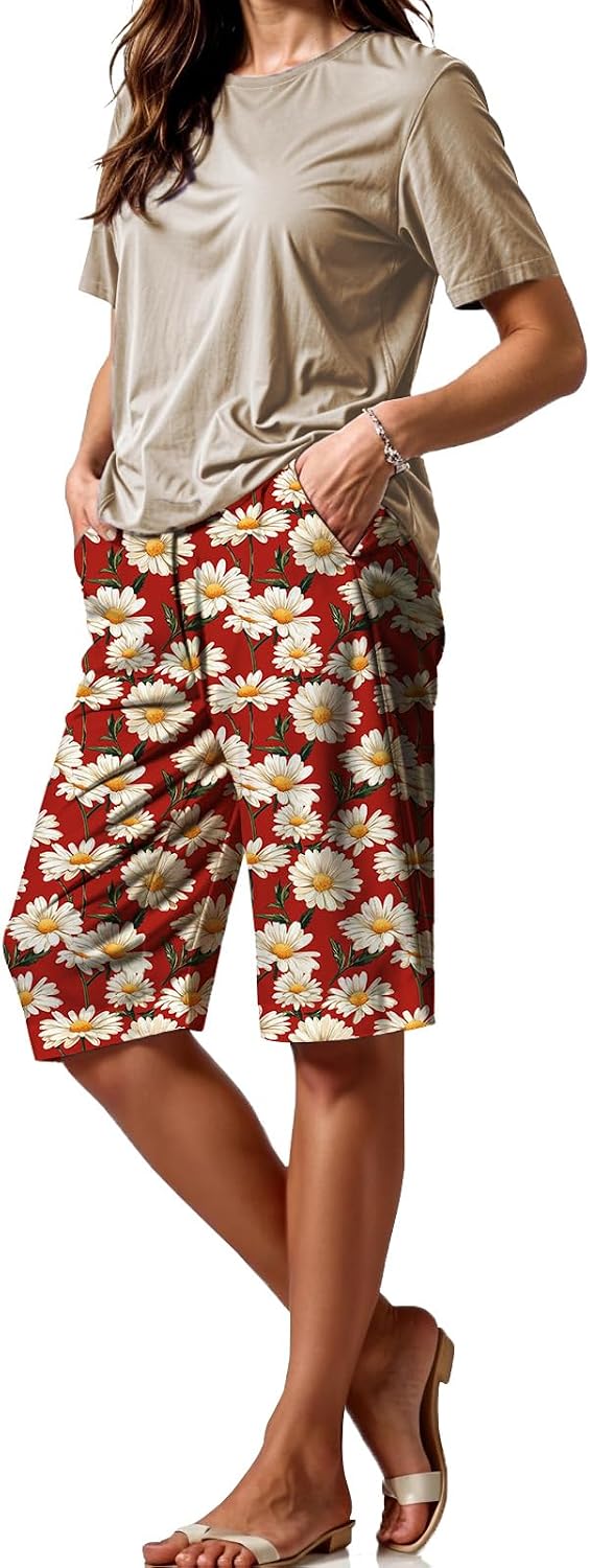 Womens Wide Leg Floral Print Pants Summer Casual Knee Length with Pockets Lightweight Elastic Waist Lounge Beach