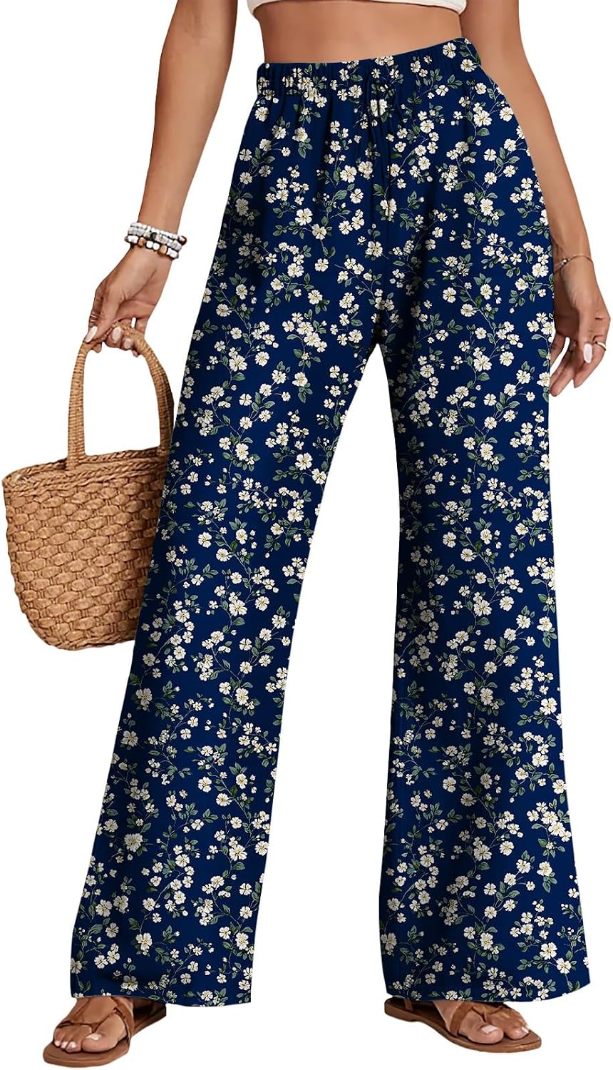Women's Wide Leg Pants High Waist Floral Print Summer Trousers Loose Fit Casual Beach Vacation Pants