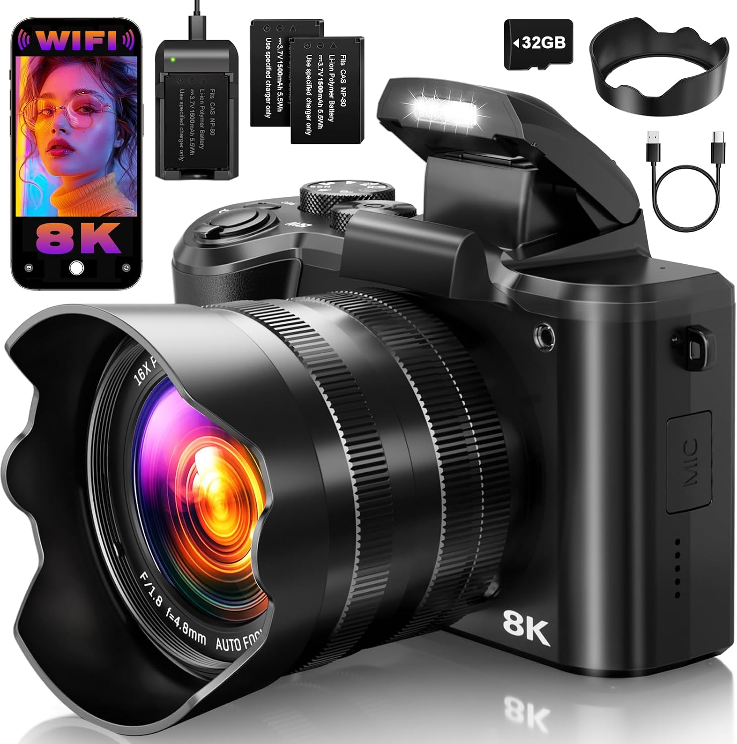 8K Digital Cameras for Photography, 2026 Autofocus 88MP WiFi Professional Photography Camera with Dual-Lens for YouTube, 16X Digital Zoom, SD Card, Lens Hood, Touch Screen,2 Batteries & Charging Stand