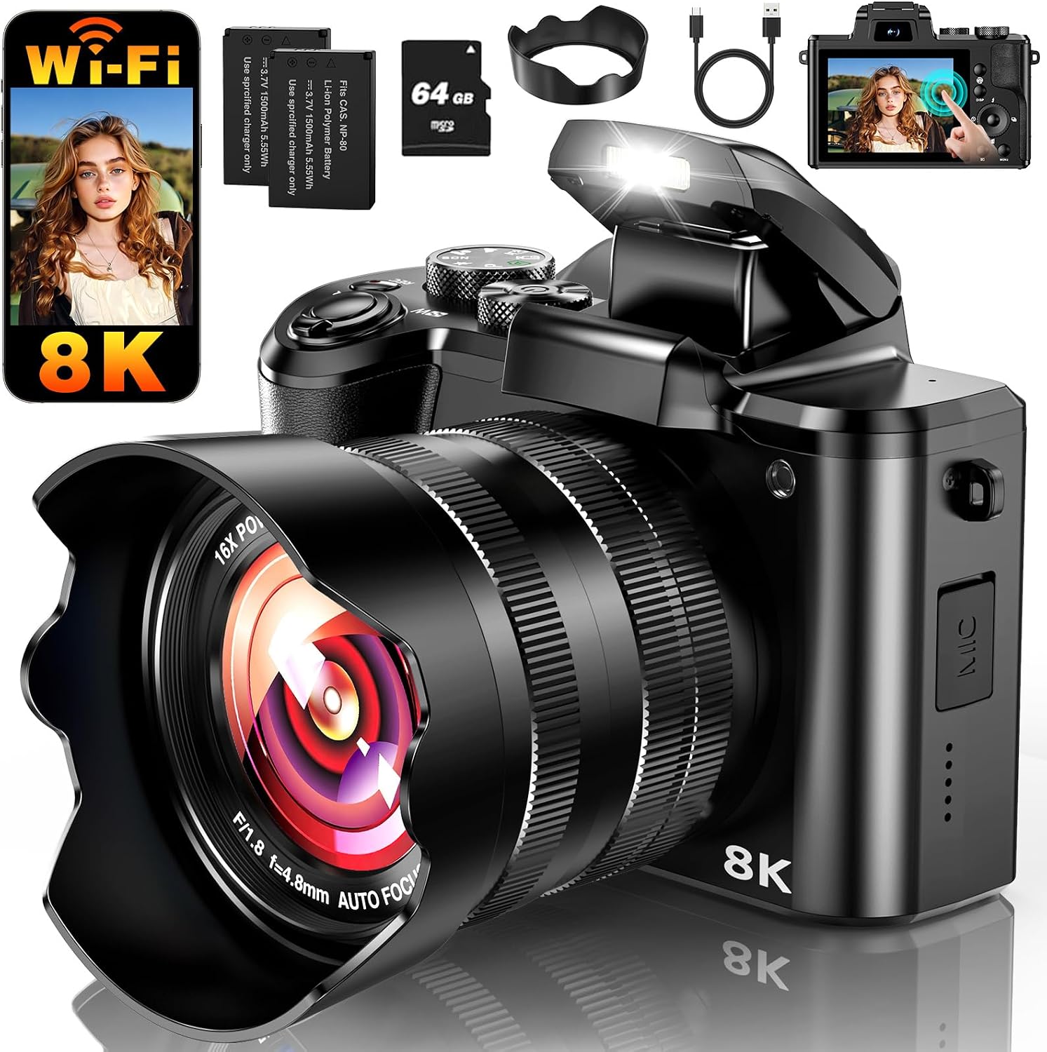 8K Digital Camera, 88MP WiFi Cameras for Photography with 3.2" Touchscreen, Autofocus, 16X Zoom, Anti-Shake, Dual Lens Vlogging Camera for YouTube, 2 Batteries, 64GB Card & Flash